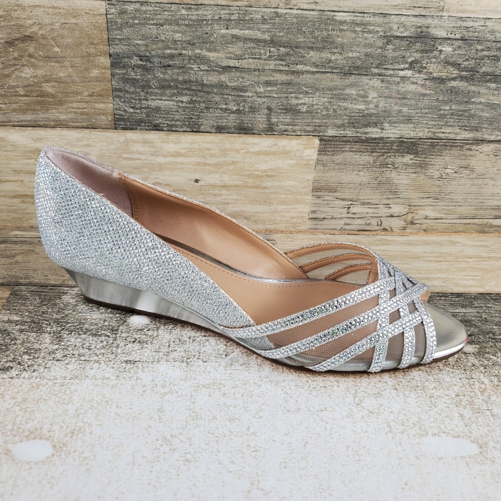 N by Nina Russell Womens Wedge Pumps Sz 8.5 M Silver Rhinestones Embellished